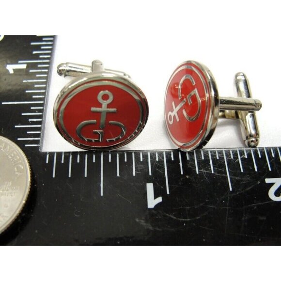 Vintage Gibdock Cufflinks European Ship Repair Company Silver Tone Red Enamel - Picture 9 of 14